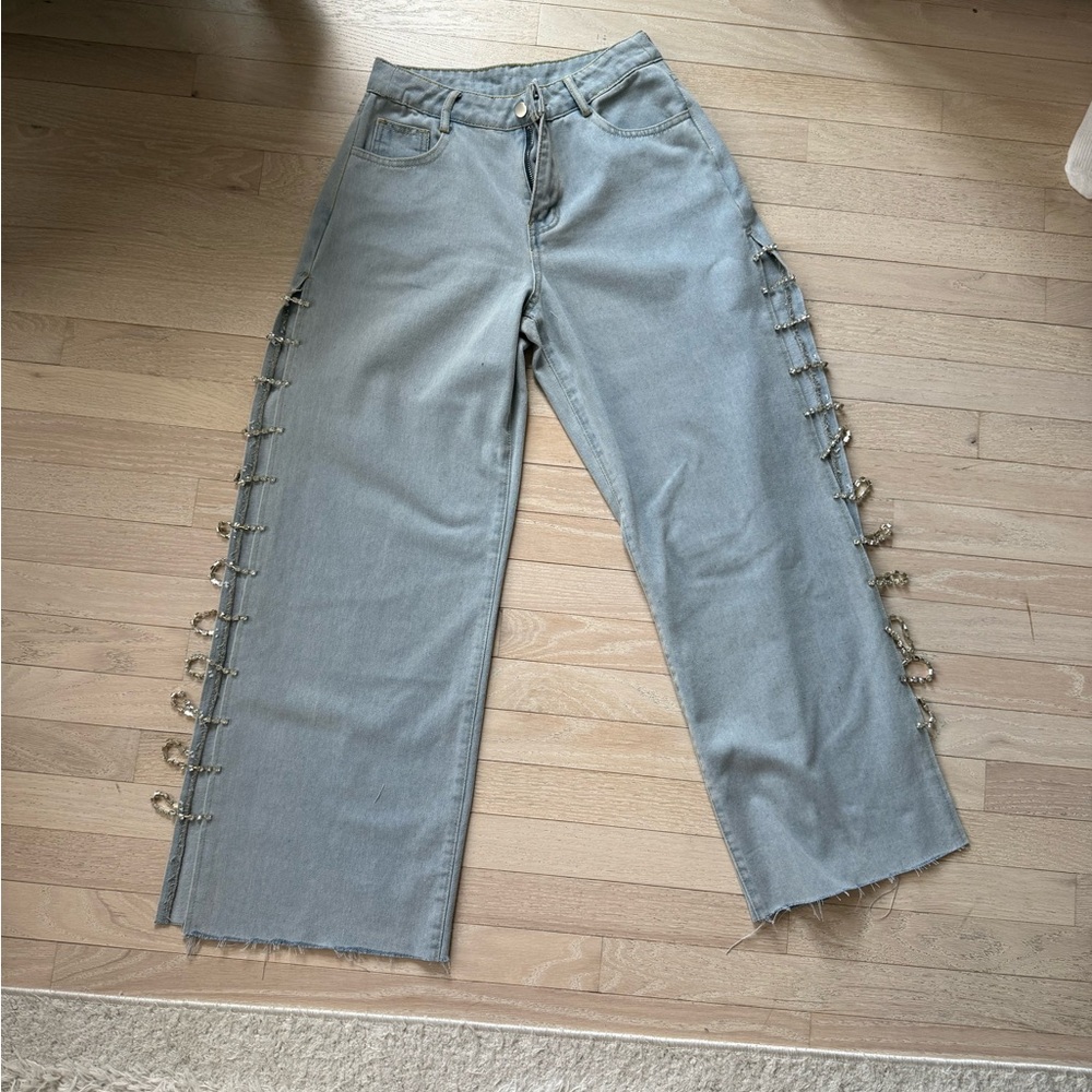 Rhinestone Open side slit leg Women Jeans with Side Detailing